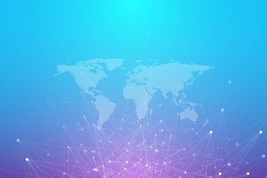 Büyük veri görselleştirmesi. Geometrik soyut arka plan görsel bilgi karmaşıklığı. Fütürist bilgi grafikleri tasarımı. Bağlı çizgi ve noktalar ile teknoloji arka planı, dalga akışı illüstrasyonu