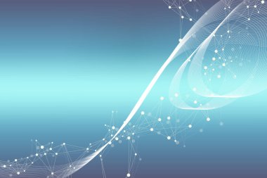 Bilimsel illüstrasyon genetik mühendisliği ve gen manipülasyonu kavramı. DNA sarmalları, DNA iplikleri, molekül veya atom, nöronlar. Bilim veya tıbbi geçmiş için soyut yapı