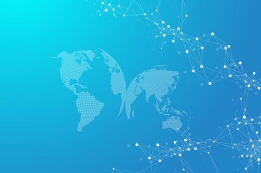 Küresel teknoloji ağı kavramına sahip dünya haritası. Dijital veri görselleştirme. Pleksus hattı. Büyük Data arkaplan iletişimi. Bilimsel illüstrasyon.