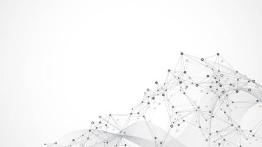 Noktalar ve çizgiler arasındaki soyut çizimler, dalga akışı. Dijital sinirsel ağlar. Sunumunuz için ağ ve bağlantı arka planı. Grafik çokgen arkaplan.