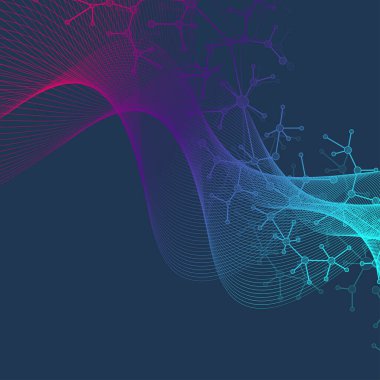 Renkli moleküllerin arka planı. DNA sarmalı, DNA ipliği, DNA testi. Molekül ya da atom, nöronlar. Bilim ya da tıbbi altyapı için soyut bir yapı, afiş. Bilimsel illüstrasyon