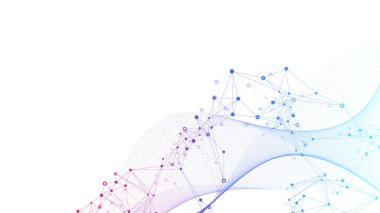 Noktalar ve çizgiler arasındaki soyut çizimler, dalga akışı. Dijital sinirsel ağlar. Sunumunuz için ağ ve bağlantı arka planı. Grafik çokgen arkaplan