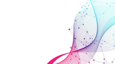 Renkli moleküllerin arka planı. DNA sarmalı, DNA ipliği, DNA testi. Molekül ya da atom, nöronlar. Bilim ya da tıbbi altyapı için soyut bir yapı. Bilimsel mavi pankart tasarım şablonu çizimi