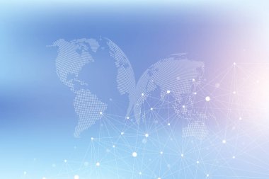 Noktalar ve çizgiler arasındaki soyut çizimler, dalga akışı. Dijital sinirsel ağlar. Sunumunuz için ağ ve bağlantı arka planı. Grafik çokgen arkaplan