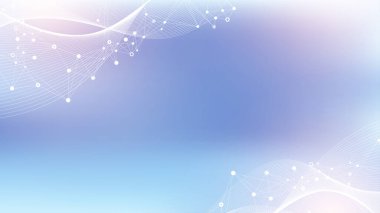 Renkli moleküllerin arka planı. DNA sarmalı, DNA ipliği, DNA testi. Molekül ya da atom, nöronlar. Bilim ya da tıbbi altyapı için soyut bir yapı. Bilimsel mavi pankart tasarım şablonu çizimi