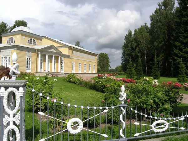 Summer Day Park View Old Mansion Surrounded Blooming Roses — Fotografia de Stock