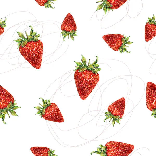 白地イチゴ イチゴ果実の描く水彩画 手仕事を描画します 生地デザインの水彩画のシームレスなイチゴ パターン — ストック写真