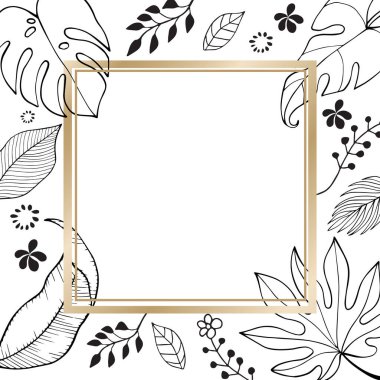 Minimalist yaprak botanik el çizimi, beyaz arka planda altın kare çerçeve, boş uzay kartı çiçek desenli kenar. Zarif kart illüstrasyon grafik seti pankartı