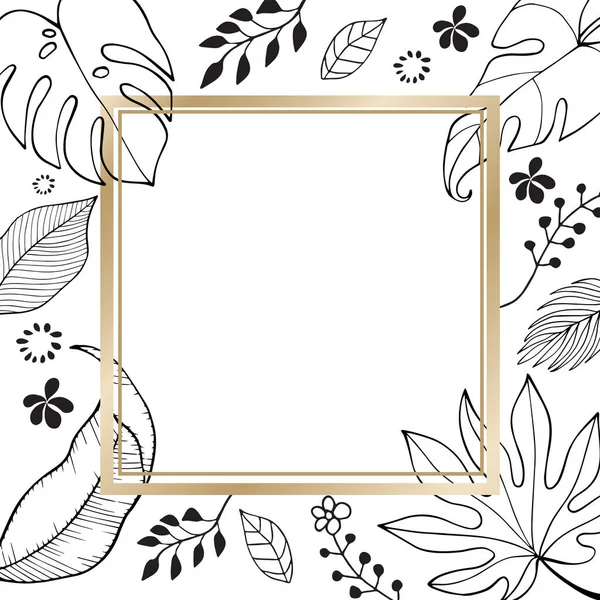 简约的叶子植物手绘画图 白色背景为金正方形框架 空白空间卡片花卉装饰边框 精美卡片图解图形集横幅 — 图库矢量图片