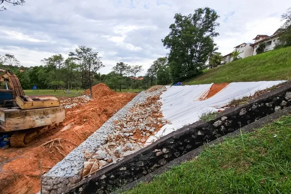 Series Slope Retention Construction Design Rocks Mesh Manage Landslide Residential — Stock Photo, Image