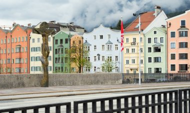 Innsbruck, Austria - April 16th 2018: Colorful historic facades in the city centre.