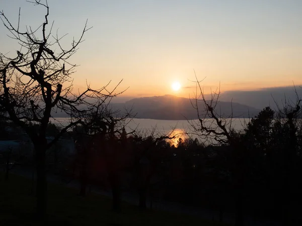 Vacker sen eftermiddag atmosfär under solnedgången högt över sjön Zug, Schweiz — Stockfoto