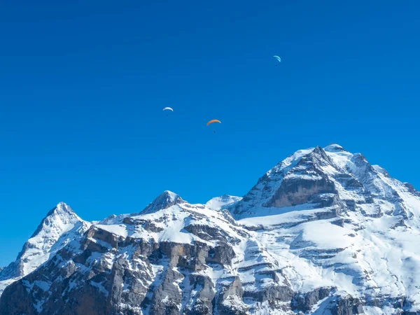 Paragliders voor de beroemde Zwitserse bergen Eiger, Moench en Jungfrau — Stockfoto