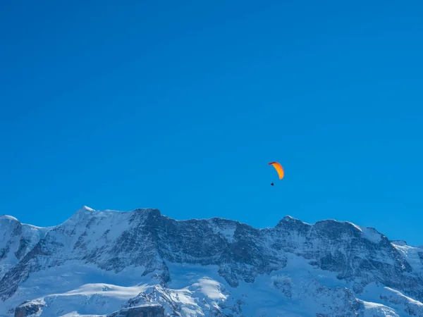 瑞士雪山山脊前的一种滑翔机 — 图库照片