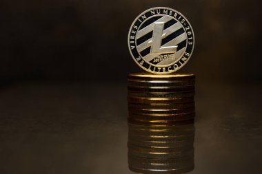 Gümüş Litecoin ve yansıtıcı yüzey üzerinde sikke yığını