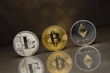  altın bitcoin gümüş litecoin ve ethereum yansıtıcı yüzey üzerinde standı