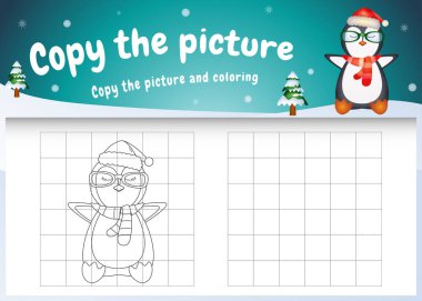 Noel kostümü giyen sevimli bir penguen ile resim çocuk oyunu ve boyama sayfasını kopyala