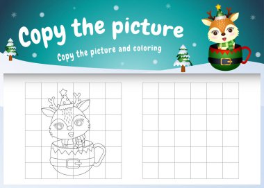 Resimli çocukların oyununu ve boyama sayfasını bardağın üzerinde şirin bir geyikle kopyalayın.