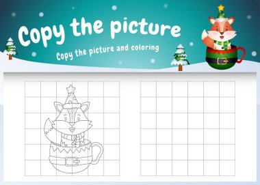 Fotoğrafçı çocuk oyununu ve boyama sayfasını bardağın üzerinde şirin bir tilkiyle kopyala