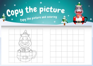 Resimli çocukların oyununu ve boyama sayfasını bardağın üzerinde şirin bir hipopotam ile kopyala
