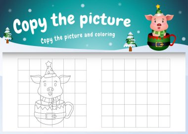 Resimli çocukların oyununu ve boyama sayfasını bardağın üzerinde şirin bir domuzla kopyala