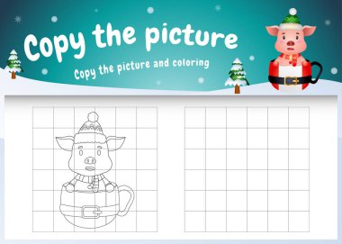 Resimli çocukların oyununu ve boyama sayfasını bardağın üzerinde şirin bir domuzla kopyala