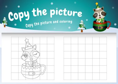 Resimli çocukların oyununu ve boyama sayfasını bardakta şirin bir rakunla kopyala.