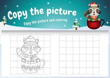 Resimli çocukların oyununu ve boyama sayfasını bardakta şirin bir rakunla kopyala.