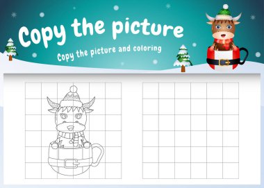 Resimli çocukların oyununu ve boyama sayfasını kupanın üzerinde şirin bir bufalo ile kopyalayın.