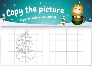 Resimli çocukların oyununu ve boyama sayfasını kopyala ve bardağın üzerinde şirin bir aslan olsun.