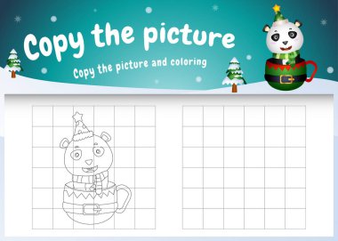 Resimli çocuk oyununu ve boyama sayfasını bardağın üzerinde şirin bir panda ile kopyala