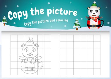 Resimli çocuk oyununu ve boyama sayfasını bardağın üzerinde şirin bir panda ile kopyala