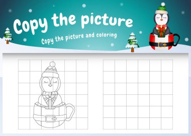 Resimli çocukların oyununu ve boyama sayfasını bardağın üzerinde sevimli bir penguen ile kopyala