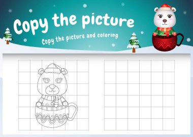 Resimli çocukların oyununu ve boyama sayfasını kopyala. Üzerinde şirin bir kutup ayısı olsun.