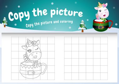 Resimli çocukların oyununu ve boyama sayfasını kupada şirin bir tek boynuzlu at ile kopyala