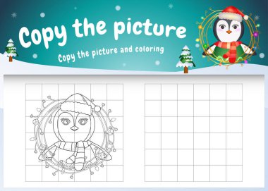 Resim çocuk oyununu ve boyama sayfasını sevimli bir penguenle kopyala