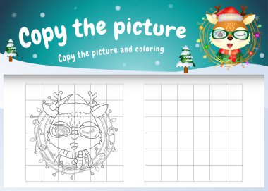 Resimli çocukların oyununu ve boyama sayfasını şirin bir geyikle kopyala