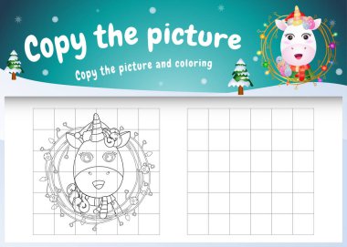 Resim çocuk oyununu ve boyama sayfasını şirin bir tek boynuzlu atla kopyala