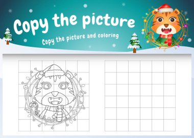 Resim çocuk oyununu ve boyama sayfasını şirin bir kaplanla kopyala