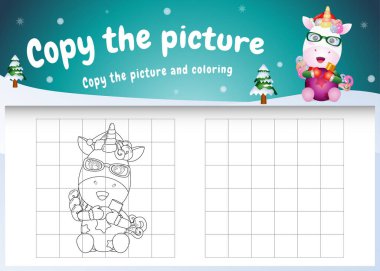 Resim çocuk oyununu ve boyama sayfasını şirin bir tek boynuzlu at sarılma topuyla kopyala