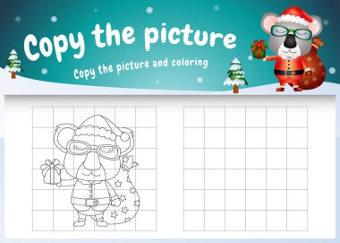 Noel Baba kostümü giyen sevimli bir koala ile resim çocuk oyunu ve boyama sayfasını kopyala