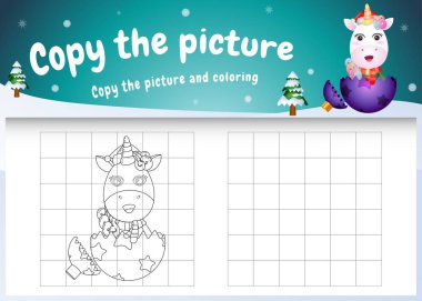 Resim çocuk oyununu ve boyama sayfasını şirin bir tek boynuzlu atla kopyala