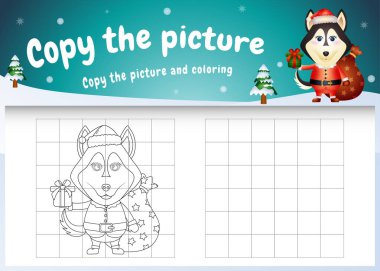 Noel Baba kostümü giyen sevimli bir köpekle resim çocuk oyunu ve boyama sayfasını kopyala