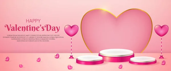 Happy Valentine Day Sale Product Display Pink Podium Realistic Hearth — Stock Vector