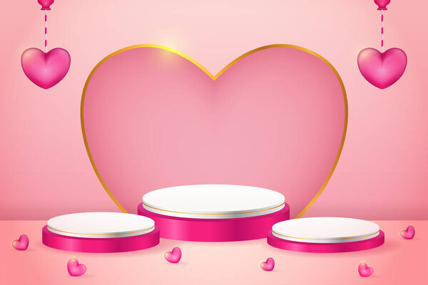 Happy valentine's day sale 3d product display pink podium with realistic hearth or love — Stock Illustration Happy Valentine Day Sale Product Display Pink Podium Realistic Hearth — Stock Vector