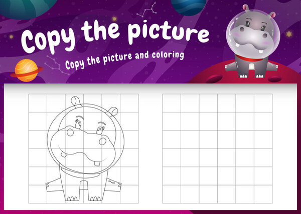 Copy the picture kids game and coloring page with a cute hippo in the space galaxy — Stock Illustration Copy Picture Kids Game Coloring Page Cute Hippo Space Galaxy — Stock Vector