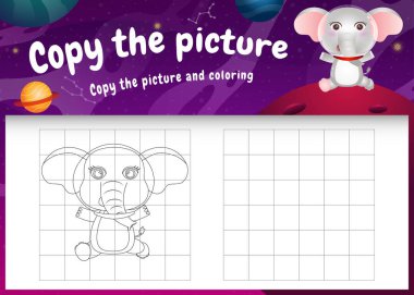 Uzay galaksisindeki sevimli bir fille resim çocuk oyunu ve boyama sayfasını kopyala