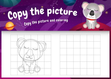 copy the picture kids game and coloring page with a cute koala in the space galaxy