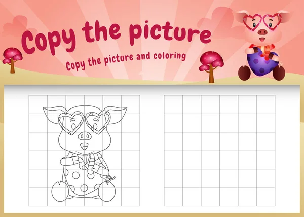 Copy Picture Kids Game Coloring Page Cute Pigs Using Valentine Ilustración de stock