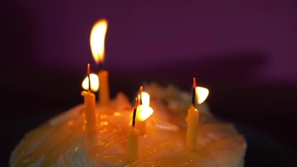 Свечи горят на праздничном торте — стоковое видео